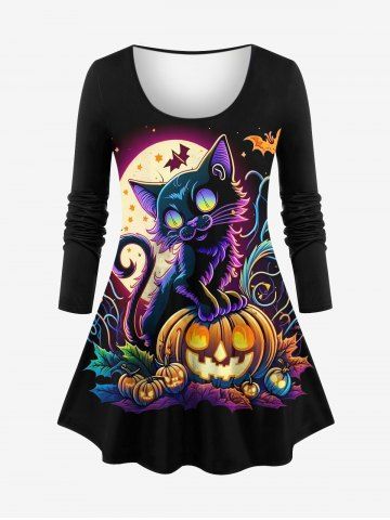 Plus Size Colorful Glitter Ombre Pumpkin Cat Bat Leaf Moon Print Halloween Long Sleeves T-shirt - BLACK - M