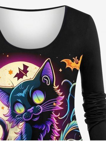 Plus Size Colorful Glitter Ombre Pumpkin Cat Bat Leaf Moon Print Halloween Long Sleeves T-shirt