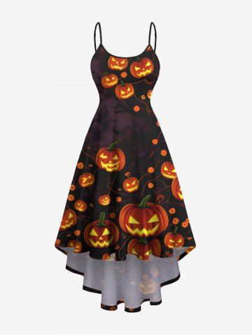 Plus Size Pumpkin Lantern Print Halloween Costume High Low Asymmetric Cami Dress - BLACK - XS