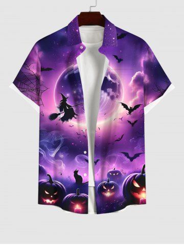 Plus Size Halloween Costume Galaxy Bat Moon Pumpkin Latern Cat Print Buttons Pocket Shirt For Men - PURPLE - M