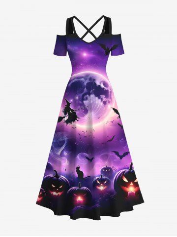 Maxi Robe D'Halloween Chat Lune et Citrouille Imprimés Croisé à Epaule Dénudée Grande Taille - PURPLE - 6X