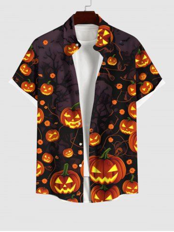 Plus Size Pumpkin Lantern Print Halloween Button Pocket Shirt For Men
