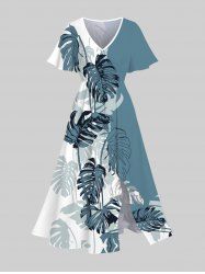 Plus Size Tropical Leaf Colorblock Print Split Hawaii Midi Dress -  
