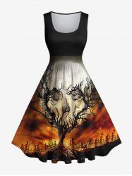 Plus Size Halloween Costume Pumpkin Tree Moon Skull Wizard Fire Print 1950s Vintage Dress -  