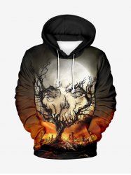 Plus Size Halloween Costume Pumpkin Tree Moon Skull Wizard Fire Print Pocket Drawstring Hoodie For Men -  