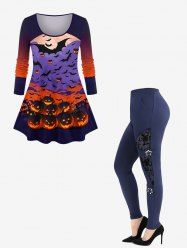 Ensemble de Costume D'Halloween Ombré Chauve-souris Citrouille Imprimés Grande Taille Deux Pièces - Bleu profond 