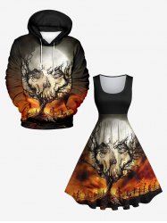 Costume D'Halloween Imprimé Crâne Citrouille et Feu Grande Taille pour Couples - Noir 
