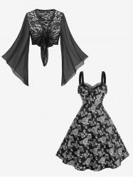 Rose Flower Lace Knotted Top and Jacquard Embroidery Vintage Dress Plus Size Outfit -  