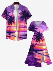 Contrastant Imprimé Cocotier et Coucher du Soleil Grande Taille pour la Plage - Pourpre  