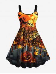 Plus Size Halloween Costume Bat Pumpkin Latern Tree Maple Leaves Tomb Moon Print Tank Dress -  