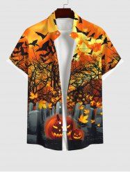 Plus Size Halloween Costume Bat Pumpkin Latern Tree Maple Leaves Tomb Moon Print Buttons Pocket Shirt For Men -  