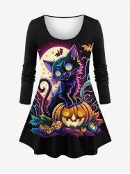 Plus Size Colorful Glitter Ombre Pumpkin Cat Bat Leaf Moon Print Halloween Long Sleeves T-shirt -  
