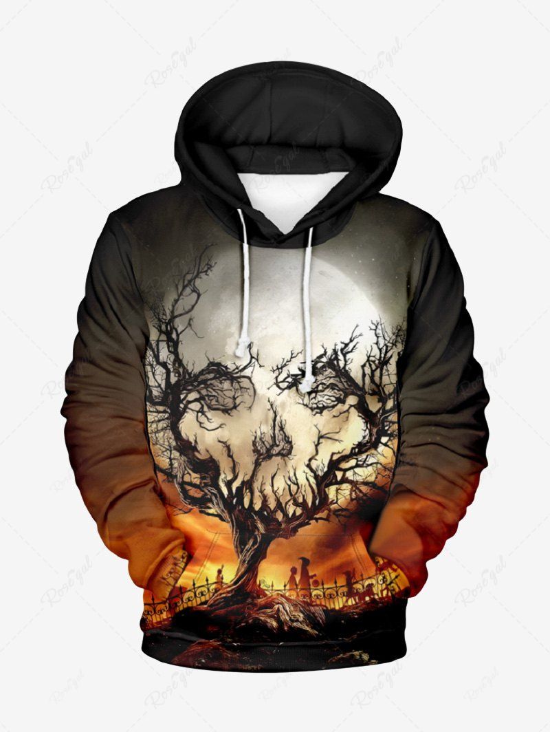 Fancy Plus Size Halloween Costume Pumpkin Tree Moon Skull Wizard Fire Print Pocket Drawstring Hoodie For Men  