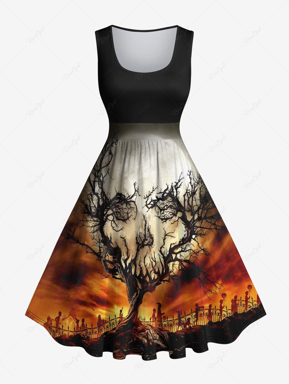 Latest Plus Size Halloween Costume Pumpkin Tree Moon Skull Wizard Fire Print 1950s Vintage Dress  