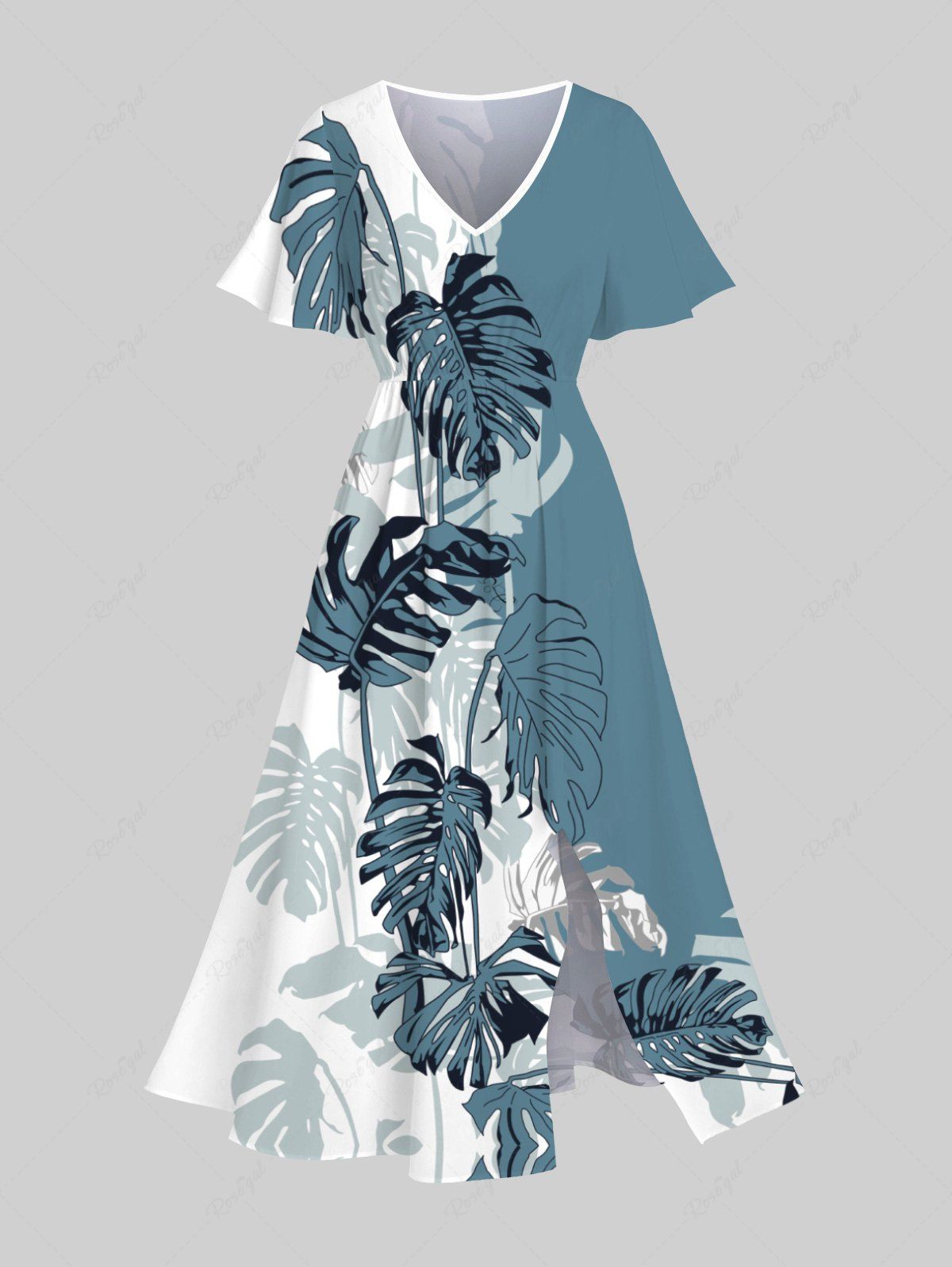 Cheap Plus Size Tropical Leaf Colorblock Print Split Hawaii Midi Dress  