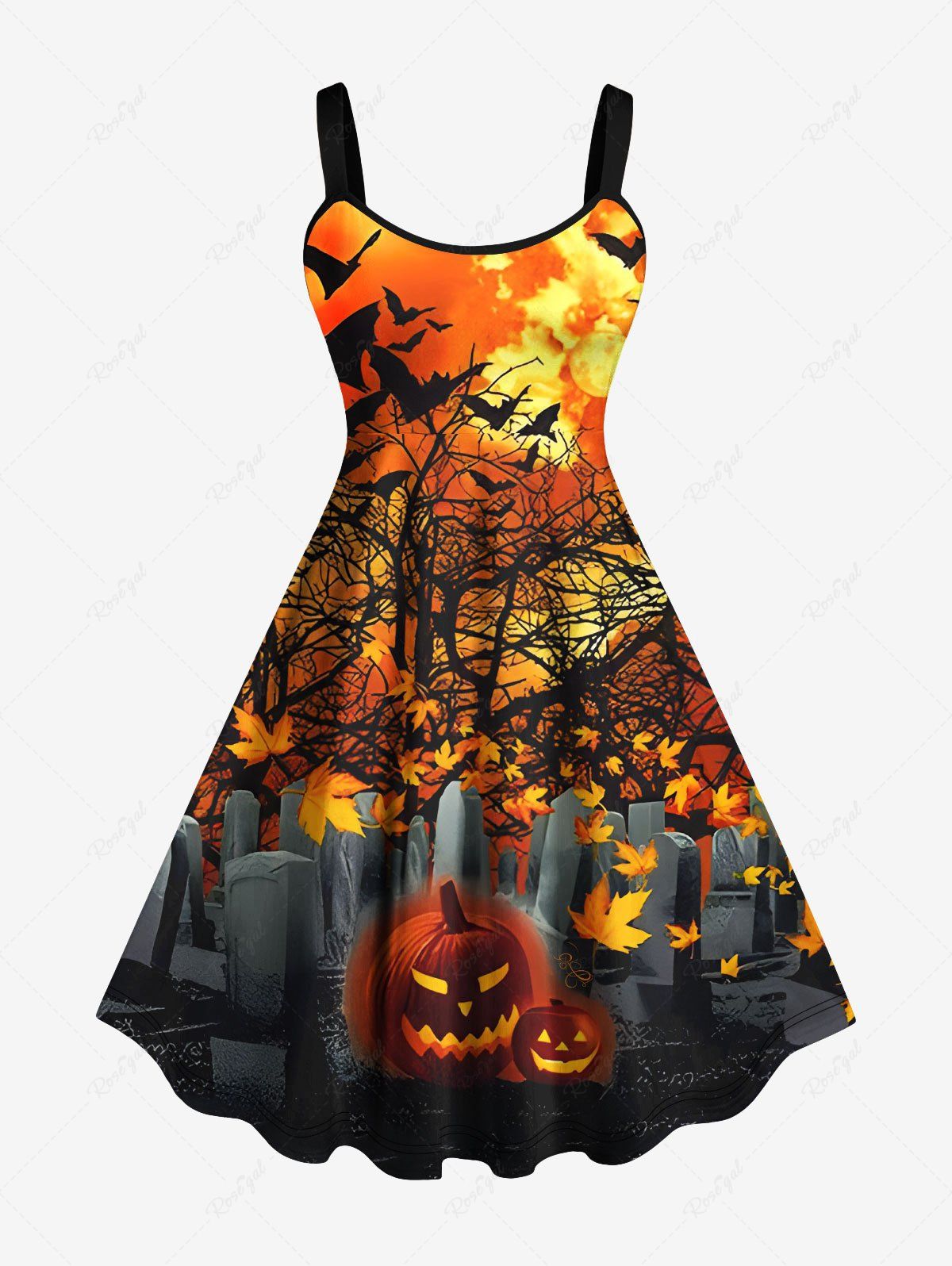 Store Plus Size Halloween Costume Bat Pumpkin Latern Tree Maple Leaves Tomb Moon Print Tank Dress  