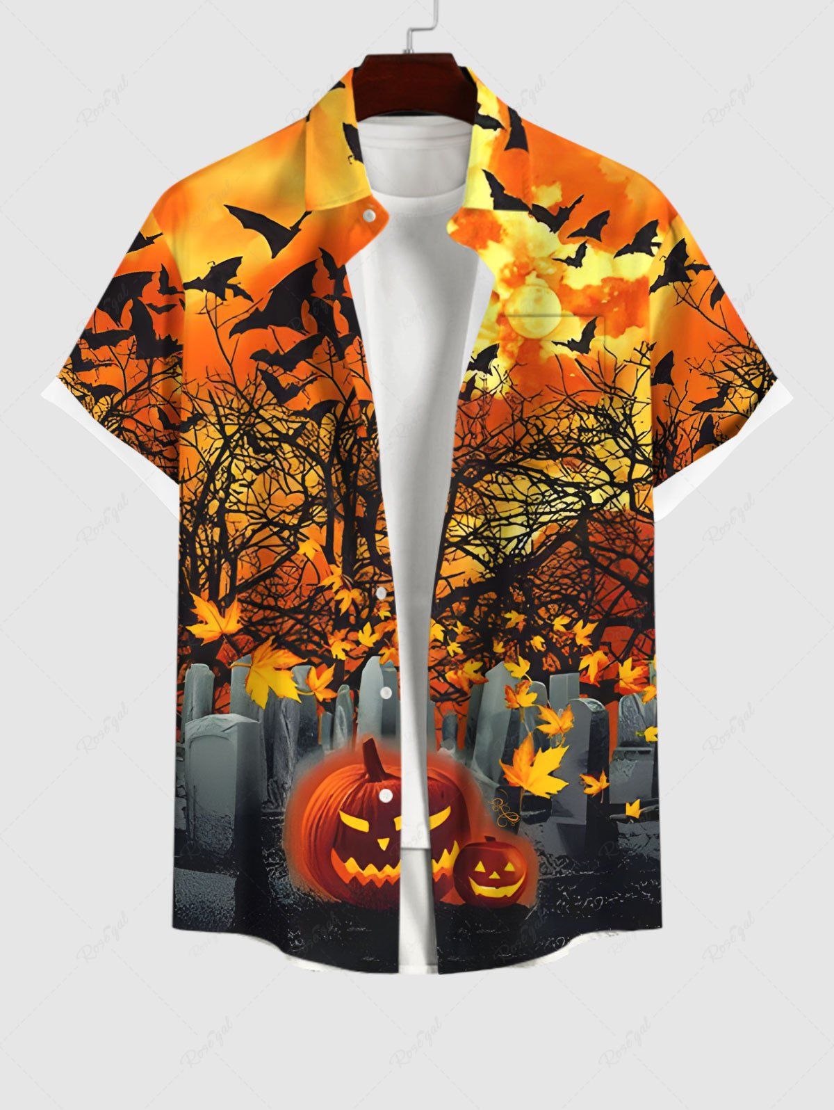 Fashion Plus Size Halloween Costume Bat Pumpkin Latern Tree Maple Leaves Tomb Moon Print Buttons Pocket Shirt For Men  