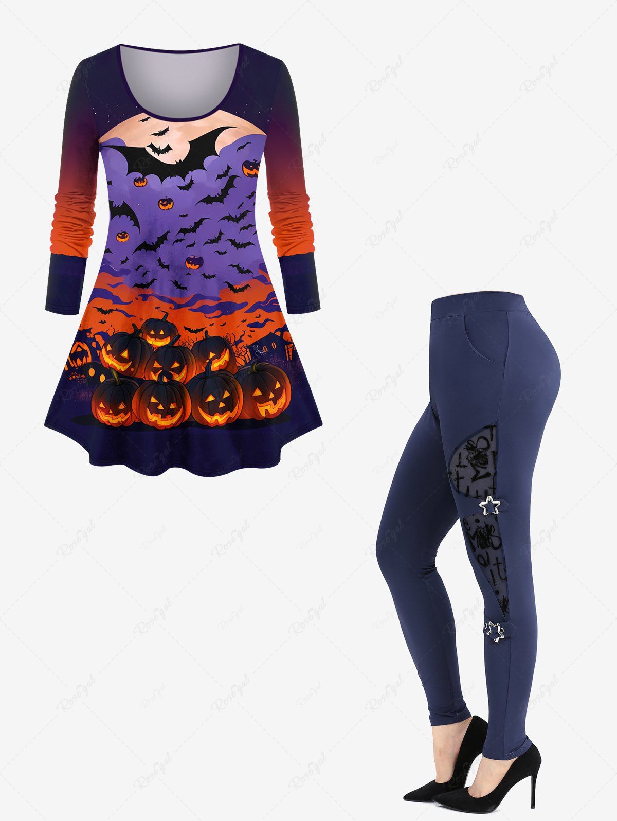 Ensemble de Costume D'Halloween Ombré Chauve-souris Citrouille Imprimés Grande Taille Deux Pièces Bleu profond 