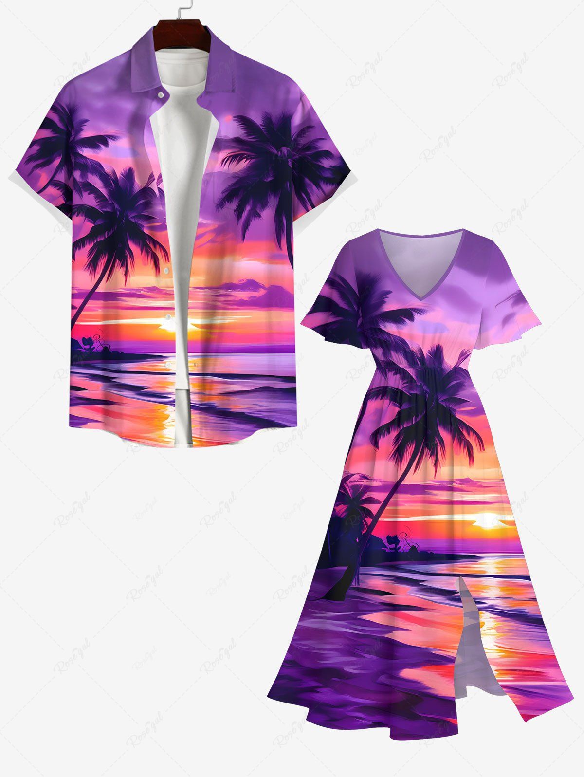 Contrastant Imprimé Cocotier et Coucher du Soleil Grande Taille pour la Plage Pourpre  