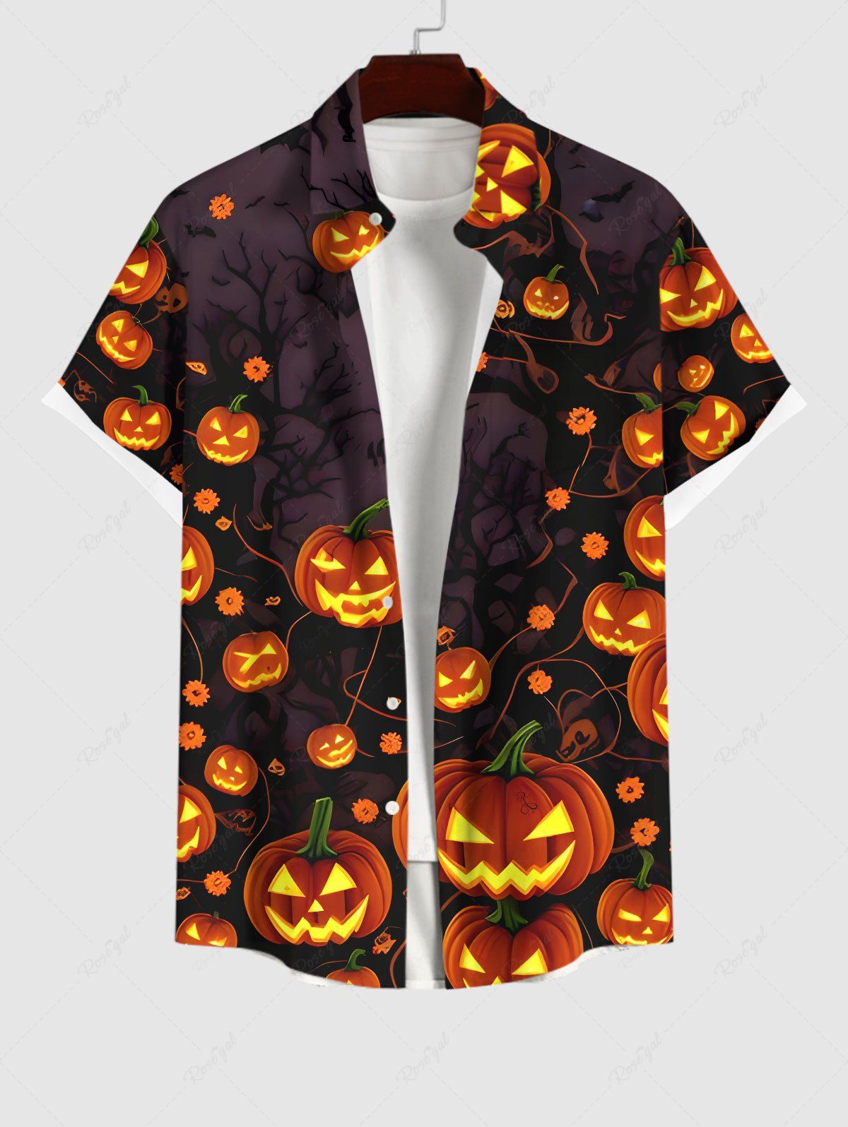Sale Plus Size Pumpkin Lantern Print Halloween Button Pocket Shirt For Men  