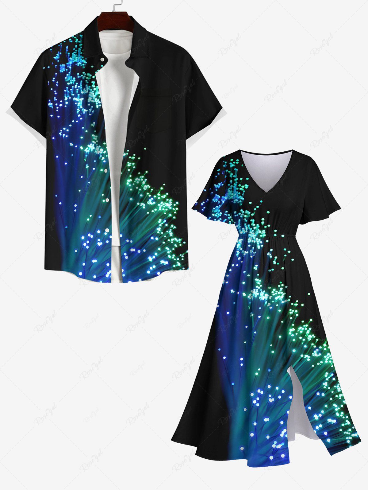 Tenue de Plage Brillante avec Col à Imprimé Galaxie Grande-Taille pour Couples Noir 