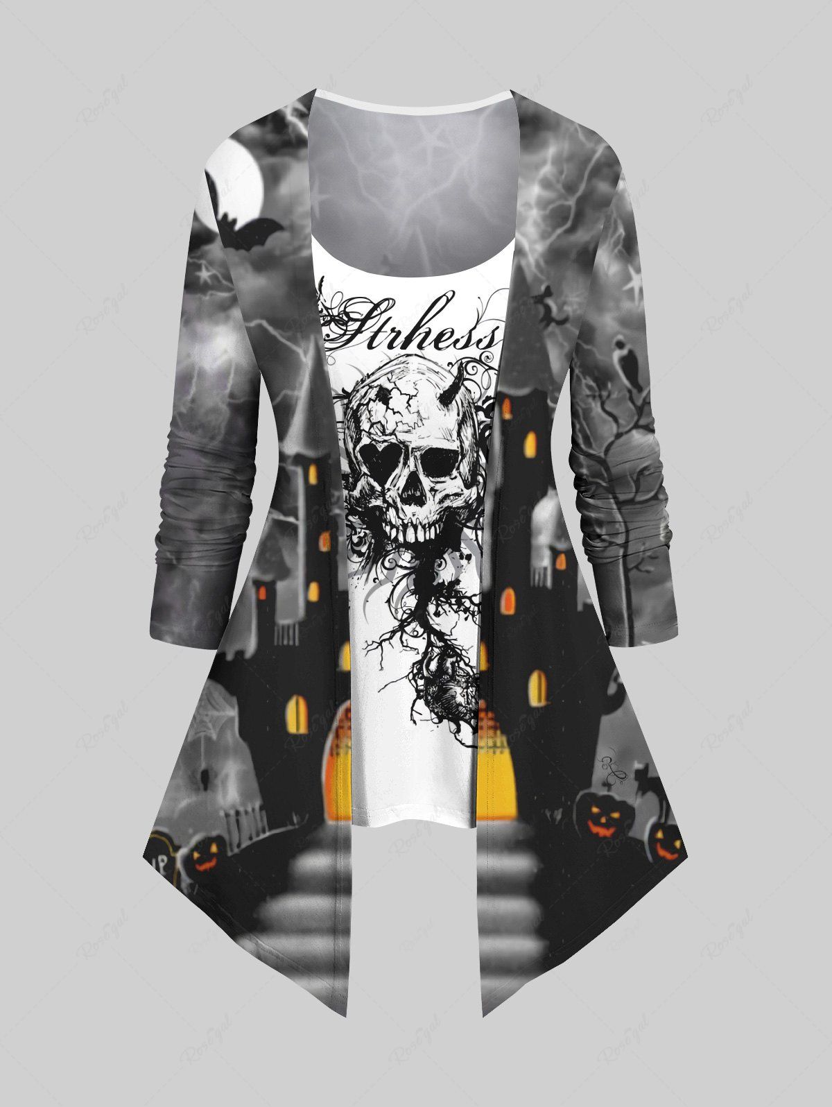 T-shirt D'Halloween Déchiré 3D Citrouille Chauve-souris et Château Imprimés 2 en 1 Noir 6X