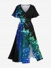 Tenue de Plage Brillante avec Col à Imprimé Galaxie Grande-Taille pour Couples - Noir 