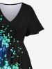 Tenue de Plage Brillante avec Col à Imprimé Galaxie Grande-Taille pour Couples - Noir 
