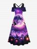 Maxi Robe D'Halloween Chat Lune et Citrouille Imprimés Croisé à Epaule Dénudée Grande Taille - Pourpre  XS