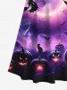 Maxi Robe D'Halloween Chat Lune et Citrouille Imprimés Croisé à Epaule Dénudée Grande Taille - Pourpre  XS