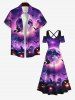 Maxi Robe D'Halloween Chat Lune et Citrouille Imprimés Croisé à Epaule Dénudée Grande Taille - Pourpre  XS