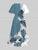 Plus Size Tropical Leaf Colorblock Print Split Hawaii Midi Dress -  
