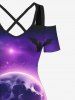 Maxi Robe D'Halloween Chat Lune et Citrouille Imprimés Croisé à Epaule Dénudée Grande Taille - Pourpre  5X