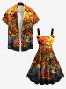 Plus Size Halloween Costume Bat Pumpkin Latern Tree Maple Leaves Tomb Moon Print Tank Dress -  
