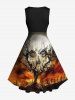 Plus Size Halloween Costume Pumpkin Tree Moon Skull Wizard Fire Print 1950s Vintage Dress -  
