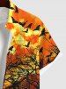 Plus Size Halloween Costume Bat Pumpkin Latern Tree Maple Leaves Tomb Moon Print Buttons Pocket Shirt For Men -  