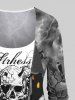 T-shirt D'Halloween Déchiré 3D Citrouille Chauve-souris et Château Imprimés 2 en 1 - Noir 6X