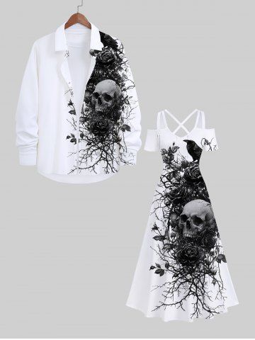 Halloween Costume Skull Rose Flower Branch Crow Print Plus Size Matching Set For Couples - WHITE