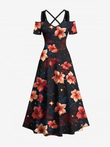 Plus Size Glitter Stars Ombre Floral Galaxy Print Hawaii Crisscross A Line Maxi Dress - MULTI-A - 4X