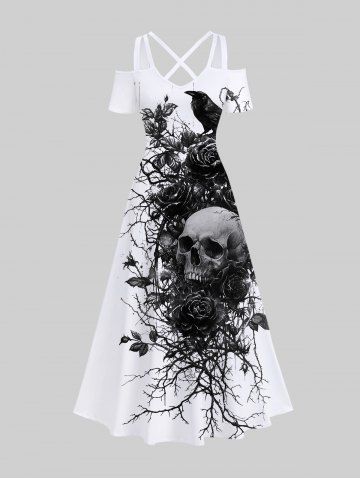 Plus Size Skull Rose Flower Branch Crow Print Halloween Costume Crisscross A Line Maxi Dress - WHITE - L