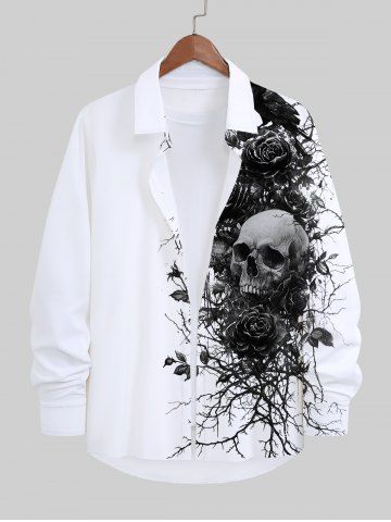 Plus Size Skull Rose Flower Branch Crow Print Halloween Button Long Sleeves Shirt For Men - WHITE - 5XL