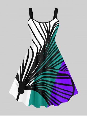 Plus Size Striped Tropical Leaves Colorblock Print Hawaii A Line Tank Dress
