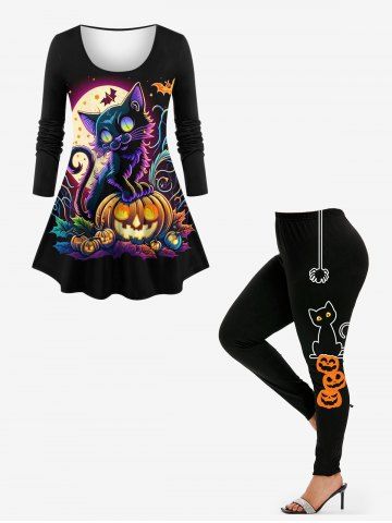 Halloween Costume Ombre Pumpkin Cat Bat Moon Print T-shirt and Leggings Plus Size Matching Set - BLACK