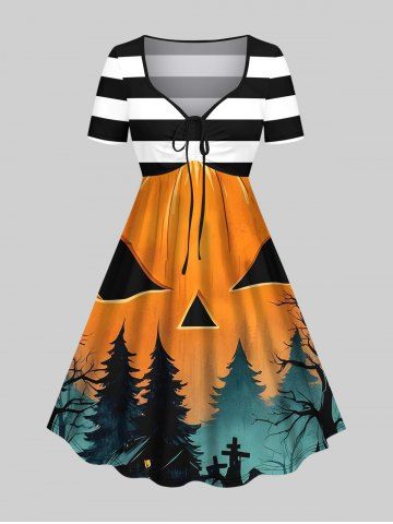 Plus Size Pumpkin Ghost Tree Forest Striped Print Halloween Costume Cinched A Line Dress - MULTI-A - L