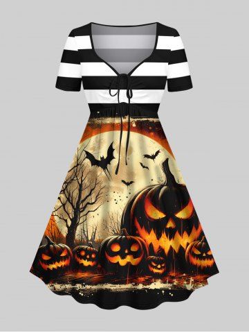 Plus Size Pumpkin Lantern Tree Bat Moon Striped Print Halloween Costume Cinched A Line Dress - MULTI-A - 6X