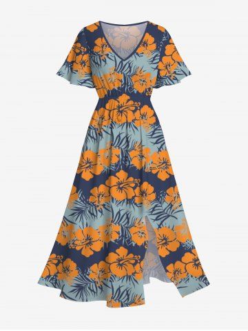 Plus Size Floral Tropical Leaves Striped Print Hawaii Split Pocket A Line Midi Dress - MULTI-A - XS