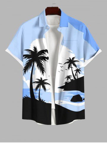 Plus Size Coconut Tree Sea Beach Colorblock Print Hawaii Button Pocket Shirt For Men - BLUE - 4XL