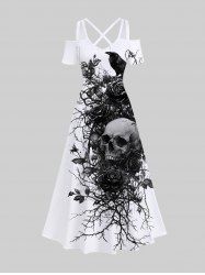 Plus Size Skull Rose Flower Branch Crow Print Halloween Costume Crisscross A Line Maxi Dress -  