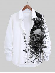 Plus Size Skull Rose Flower Branch Crow Print Halloween Button Long Sleeves Shirt For Men -  