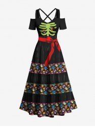 Maxi Robe D'Halloween 3D Fleur Squelette avec Nœud Papillon à Epaule Dénudée Grande Taille - Noir S